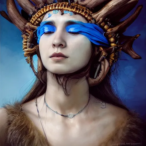 Image similar to A young female shaman, blue hair and antlers on her head. blindfolded, heilung, in the style of Heather Theurer, headshot photoshoot, insanely detailed and intricate, beautiful, elegant, cinematic toplight, portrait, headroom, artstation, karol bak