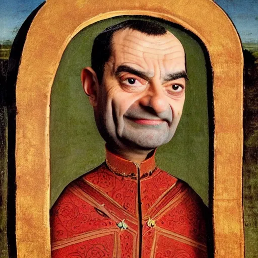 Image similar to A still of Mr. bean depicted as a medieval king on a throne, renaissance oil painting