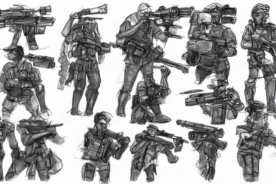 Prompt: concept sketches of supersoaker bazookas