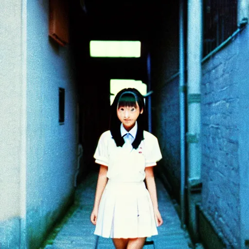 Image similar to 1990s perfect 8K HD professional cinematic photo of a japanese schoolgirl, in sci-fi alleyway at evening, at instagram, Behance, Adobe Lightroom, with instagram filters, depth of field, taken with polaroid kodak portra