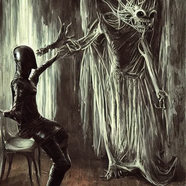 Prompt: a strange creature greeting a female explorer in a dining room, haunted house, rhads!!!, magical realism, urban fantasy, a hooded figure, a fierce woman, ( h. r. giger )