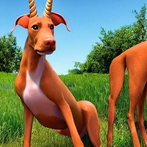 Image similar to A vizsla unicorn, pixar style