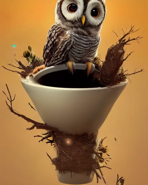 Image similar to long shot of a very cute owl chick nesting in a very futuristic cup, esao andrews, humorous illustration, hyperrealistic, big depth of field, warm colors, night scenery, low light, 3 d octane render, 4 k, conceptart, hyperdetailed, hyperrealistic, trending on artstation