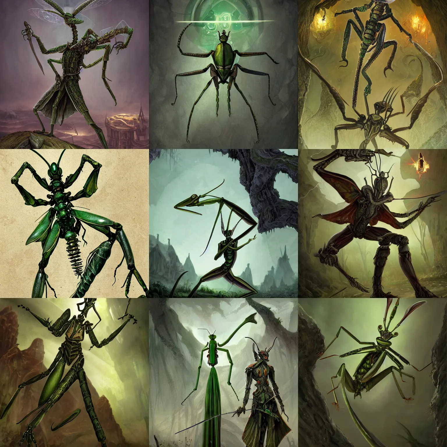Prompt: full shot of green human - sized mantis religiosa as a d & d rogue holding a magic dagger ; 6 legs ; hestiastula head with antennae ; mantid features ; medieval ; elegant ; design ; fantasy drawing ; illustration ; artstation ; 8 k ; wallpapers ; heavy contrast ; cinematic art ; cgsociety ; art by greg rutkowski and alexander jansson