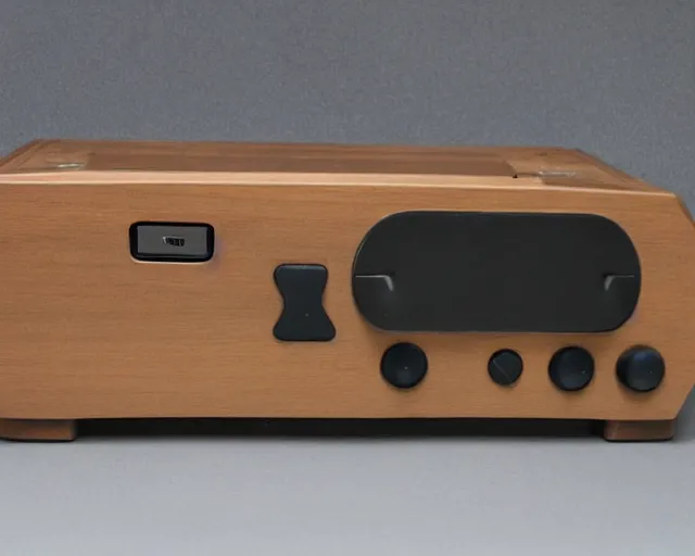 Prompt: video game console from the 1970s, wood panelling