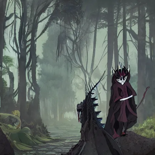 Image similar to concept art painting of an anthropomorphic dragon king with black robes, a long neck, and skull mask, in a deep forest, cel shaded, in the style of makoto shinkai and james gurney and studio ghibli and moebius