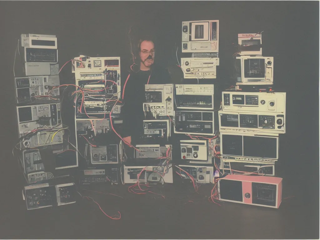 Image similar to 1980s polaroid colour flash photograph of a man made of 80s modular synthesizers