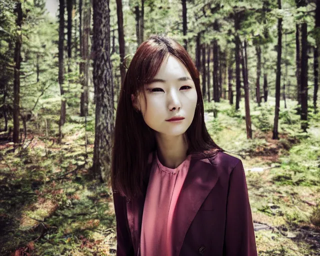 Image similar to close up portrait of an korean woman with beautiful face and modern clothes standing outside of an old cabin, forest in the background, bokeh, depth of field, dramatic lighting, cinematic, vivid colors, matte painting, vivid color scheme