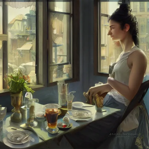 Prompt: a dinner date with the girl next door, slice of life, modern, realistic,!! looking at the camera!!, solo, first person pov, enjoying life!!! elegant, highly detailed, digital painting, artstation, concept art, matte, sharp focus, illustration, art by artgerm and greg rutkowski and alphonse mucha