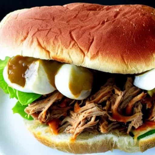 Image similar to pulled pork sandwich that looks like a monster, with eyes and shark teeth, drooling barbecue sauce