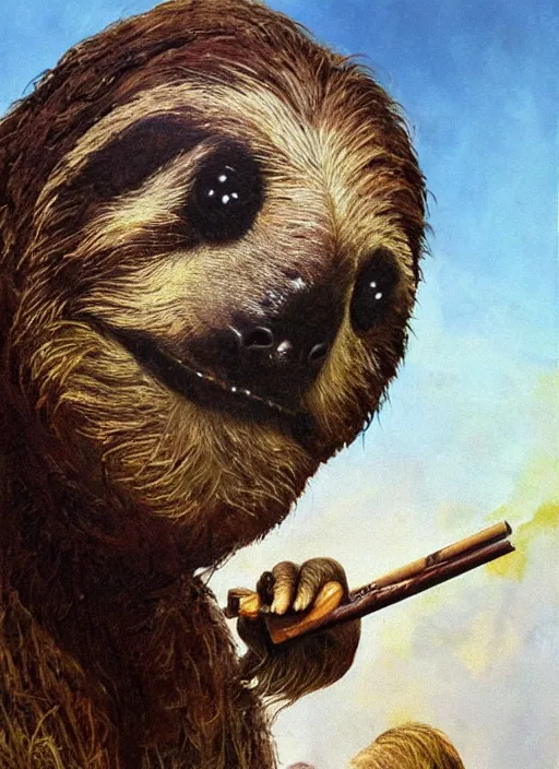 Image similar to ultra realistic portrait painting of a stoner as a sloth smoking a lit joint, art by frank frazetta, 4 k, ultra realistic, highly detailed, epic lighting