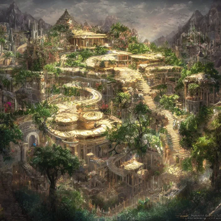 Prompt: behold the celestial fortress that no human can lay a finger on. my garden of vanity... the hanging gardens of babylon, trending on artstation