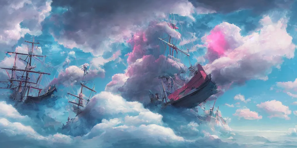 Image similar to a ship sailing high in the clouds, fantasy, trending on artstation, digital art, hyper detailed, hyper colorful