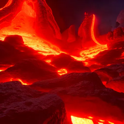 Prompt: a scorching magma realm with futiristic factories, muspelheim, scandinavian / norse influenced, cinematic, ray traced, octane render, cinematic lighting, ultrarealistic, featured on artstation, 8 k uhd artwork