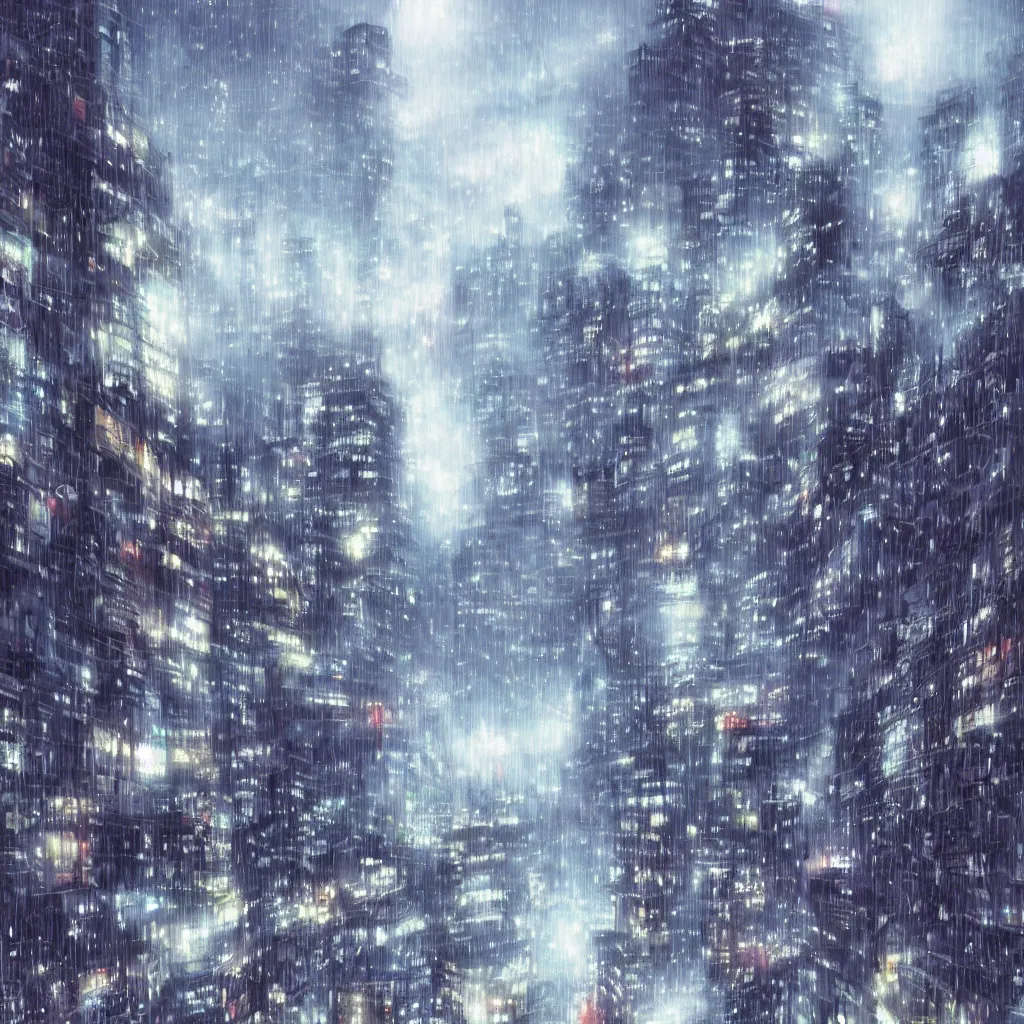 Prompt: beautiful raining anime cityscape, tall buildings and grey fog, trending on pixiv