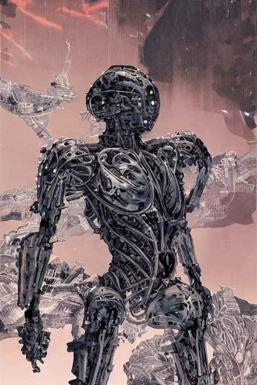 Image similar to powerful biomechanical soldier enhanced using a nanosuit with artificial muscles under the armor plating, at dusk, a color cover illustration by tsutomu nihei, tetsuo hara and katsuhiro otomo