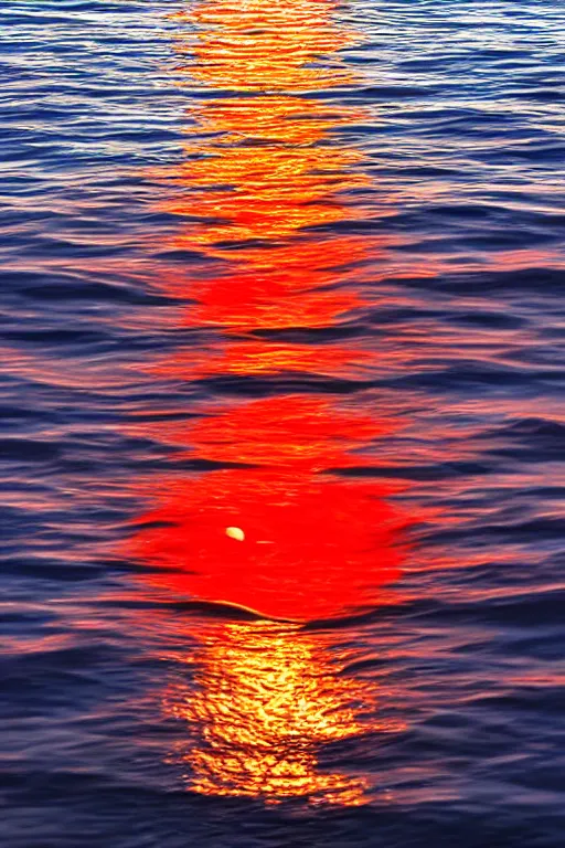 Image similar to red moon reflecting in the sea, night, low angle, realistic photo