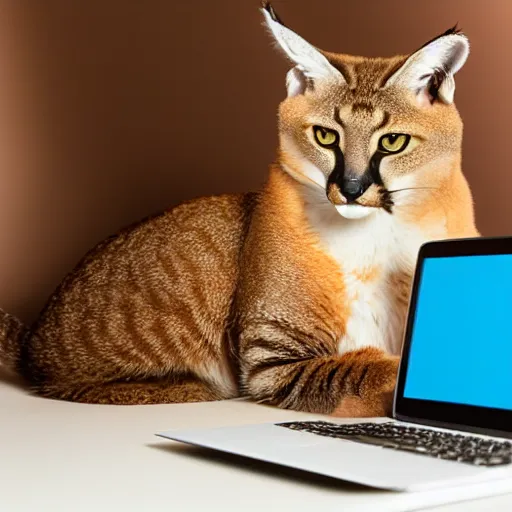 Prompt: cat caracal sitting in front of a laptop and typing something