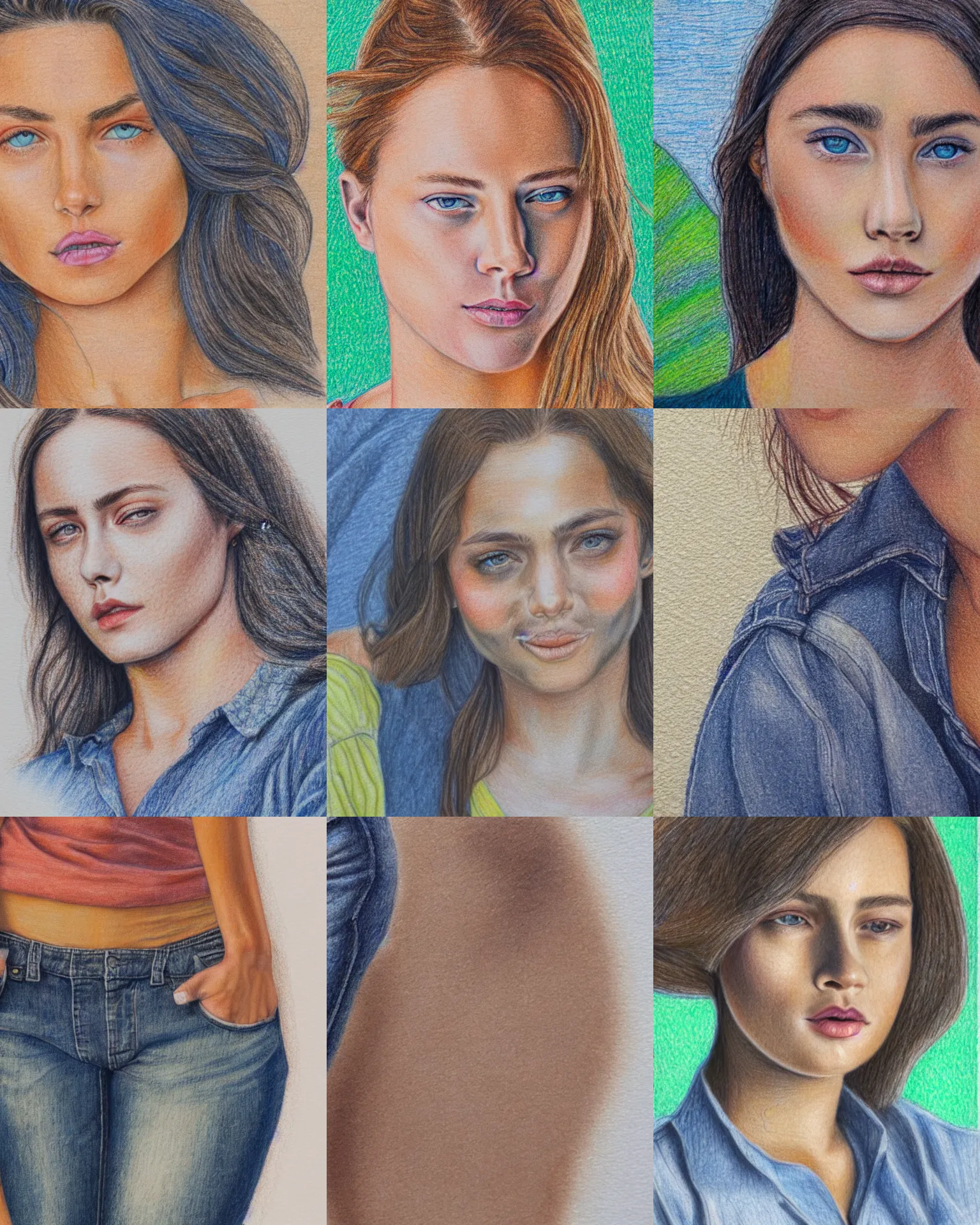 Prompt: young woman wearing shirt and jeans, detailed coloured pencil, close up