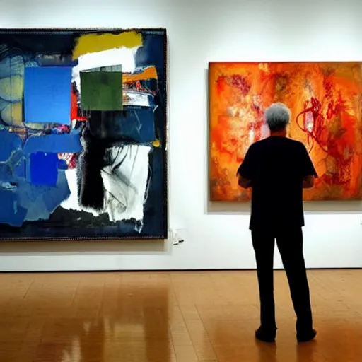 Image similar to a man standing in front of a display of paintings, an abstract painting by robert rauschenberg, pixiv, american scene painting, academic art, dye - transfer, dynamic composition