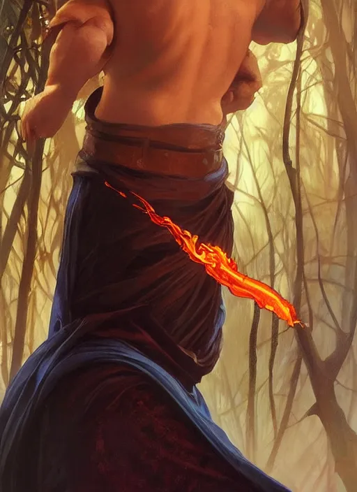 Image similar to young man using fire magic, wearing mages robes, back view, short blond hair, realistic painting by ross tran and gerald brom and alphonse mucha, artgerm, trending on artstation