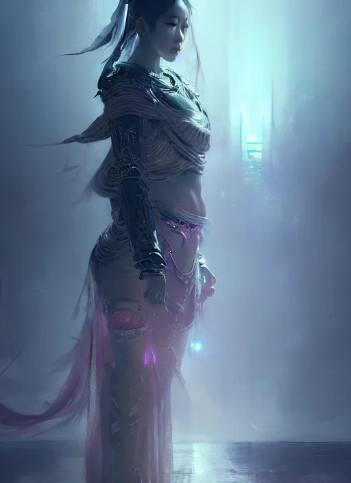 Prompt: a beautiful asian princess, intricate concept art, ethereal, ominous, dramatic lighting, cyberpunk darksynth, ruan jia and zeronis and wlop