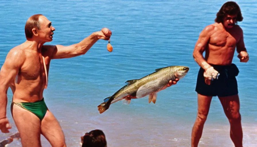 Image similar to 7 0 s movie still of putin in speedo, punching a salmon in the face, focus on face. cinestill 8 0 0 t _ 3 5 mm eastmancolor, heavy grain, high quality, high detail