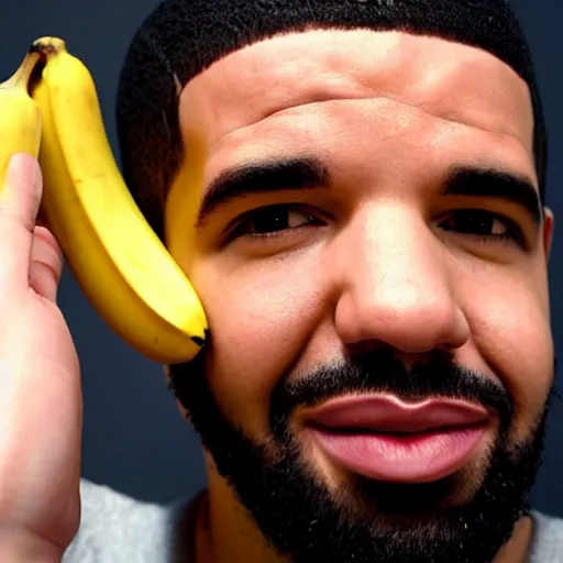 Prompt: a photograph of drake holding a banana up to his ear