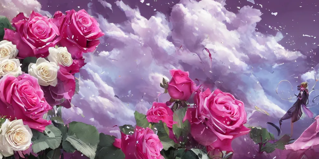 Image similar to background art of magic invisible blade slicing through a bouquet of white and pink roses, flowers exploding and spraying and splattering, big puffy clouds, exploding roses, large rose petals, lotus petals, large polygonal background elements, large polygons, dramatic anime, dramatic radiant lighting, artgerm, manga, trending on artstation, art nouveau, mature colors