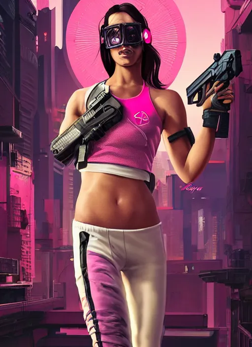 Image similar to beautiful cyberpunk female athlete wearing pink athletic gear. firing a futuristic red automatic pistol with huge magazine. ad for pistol. cyberpunk poster by james gurney, azamat khairov, and alphonso mucha. artstationhq. gorgeous face. painting with vivid color, cell shading. ( rb 6 s, cyberpunk 2 0 7 7 )