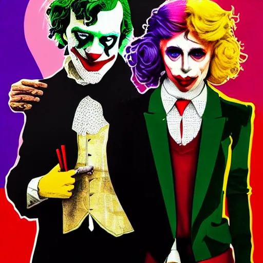 Image similar to ilya yefimovich repin and mimmo rottela and banksy as joaquin phoenix skinny joker, holding hand, lady gaga harley queen, ultra photorealistic, intricate details, pop art style, concept art, confident posse, random object details, 3 colours, warm color, 4 k, ultra smooth, sharp focus