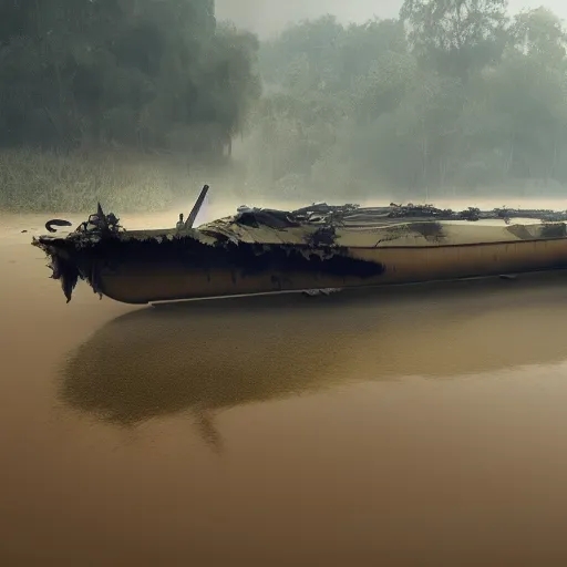 Image similar to jungle river army patrol boat tail of a crashed plane in the water, moody ambience, fog, smoke, dramatic, 4 k, trending on artstation