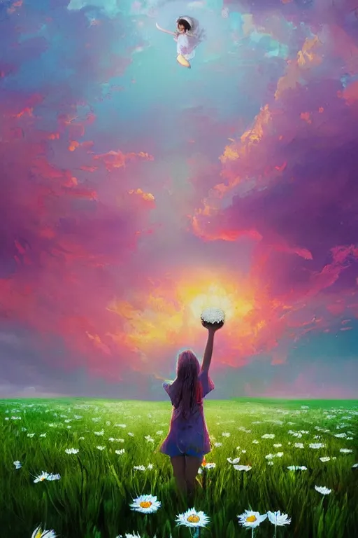 Image similar to giant white daisy flower as head, girl jumping in a flower field, surreal photography, sunrise, dramatic light, impressionist painting, colorful clouds, digital painting, artstation, simon stalenhag