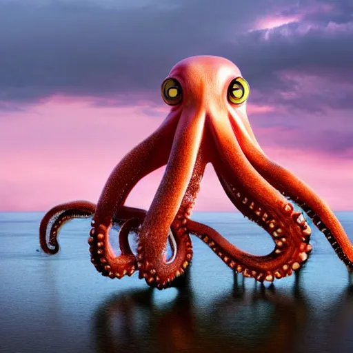 Prompt: colossal octopus flying over a cloudy pink sky, award winning,