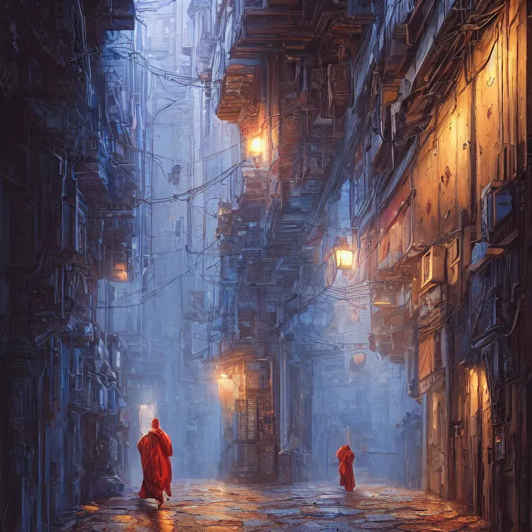 Prompt: hyperrealistic and beautiful painting of an alley way within a grand city, wanderers traveling from afar, a robed figure walking, classical architecture, technological lights, screens, cyberpunk style, 8 k resolution, by hugh ferris and john smith, polished, fine detail, intricate, blue color scheme, cyberpunk style, smooth, octane, concept art, trending on artstation