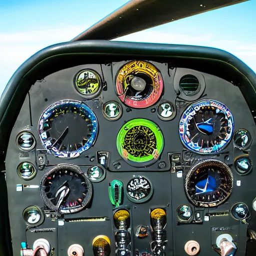 Prompt: “Macro photo of Cessna 172 instrument panel during flight on a sunny day”