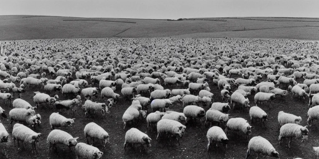 Prompt: a disembodied ear floats above a field of sheep in england, hipgnosis artwork