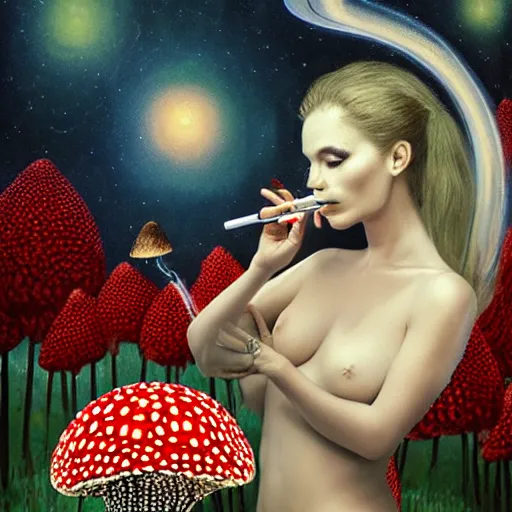 Image similar to beautiful woman smoking weed with amanita muscaria, hyperreal, ethereal, realistic, extremely detailed, space background