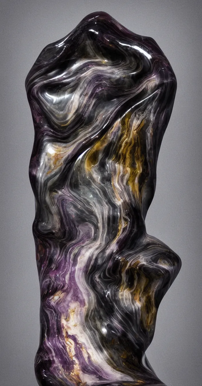 Prompt: abstract dark matte marbled statue, light high glossy translucent quartz veins, strong studio light, high quality, full frame