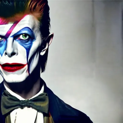 Image similar to awe inspiring David Bowie pkaying The Joker 8k hdr movie still dynamic lighting