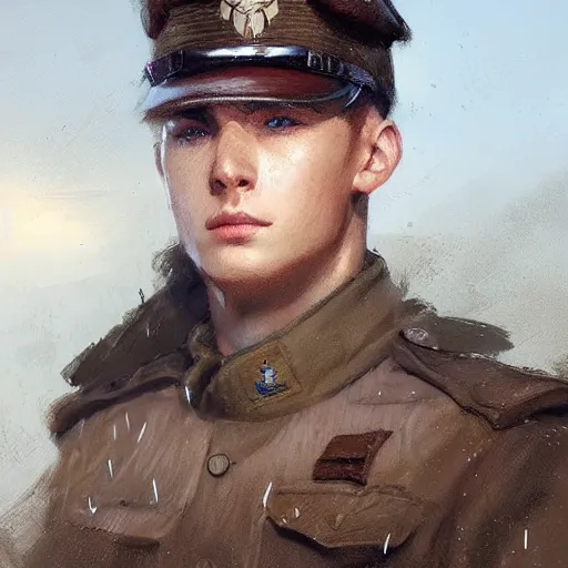 Image similar to Young man with blue eyes and brown hair, wearing a military uniform, by Greg Rutkowski, matte painting, trending on artstation