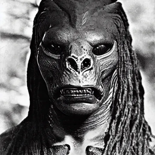 Prompt: photograph of yautja ( predator ) by edwardian, male, 1 9 0 0 s, 1 9 1 0 s, grainy, slightly blurry, faded, realistic face