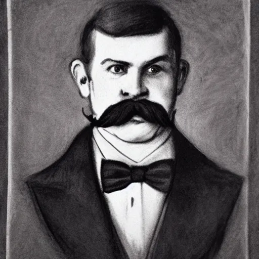 Image similar to charcoal portrait of an early 20th century occult detective mustache, bow tie