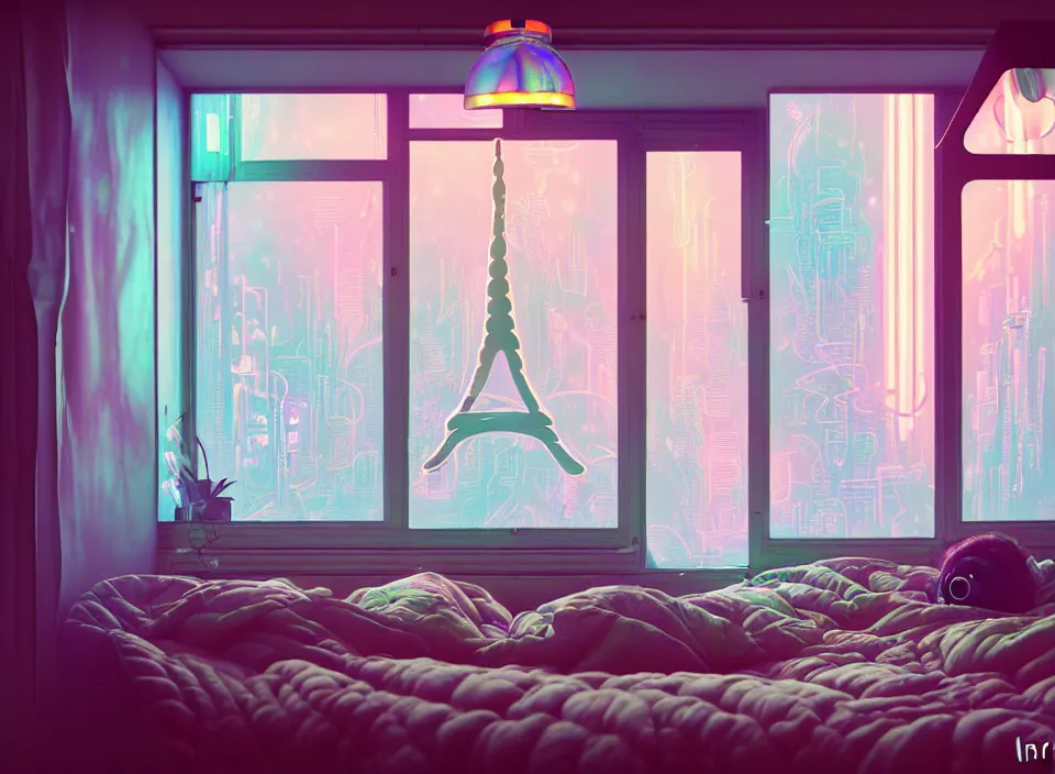 Prompt: telephoto 7 0 mm f / 2. 8 iso 2 0 0 photograph depicting the experience of calm in a cosy cluttered french sci - fi ( art nouveau ) cyberpunk apartment in a pastel dreamstate art cinema style. ( iridescent terrarium!, computer screens, window, leds, lamp, ( ( ( bed ) ) ) ), ambient light.