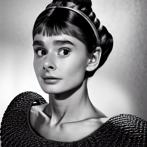 Prompt: head and shoulders portrait of a female knight, 2 0 0 1 : a space odyssey, young audrey hepburn, by stanley kubrick, vogue fashion photo