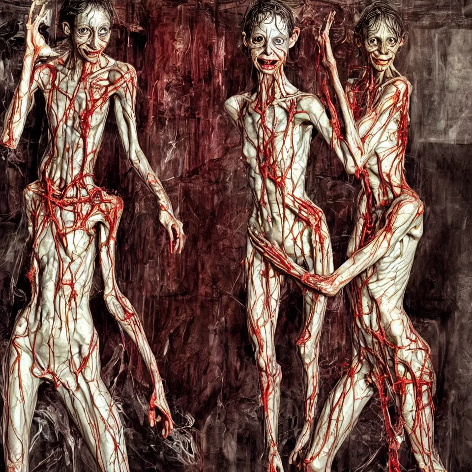 Image similar to bright realistic anorexic cult turning into gods and deamons and smiling franticly, old apartment, rotten flesh, diffuse lighting, fantasy, intricate, elegant, highly detailed, lifelike, photorealistic, digital painting, artstation, illustration, concept art, smooth, sharp focus, art by francis bacon and jenny saville