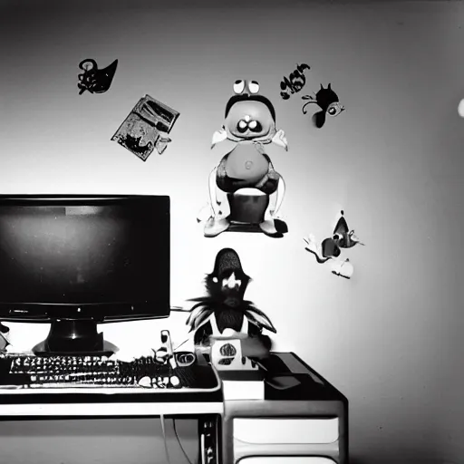 Image similar to a black and white photograph of a mischievous computer screen, by gary baseman, by robert crumb, by jim henson, high contrast, soft lighting, surreal, film photography