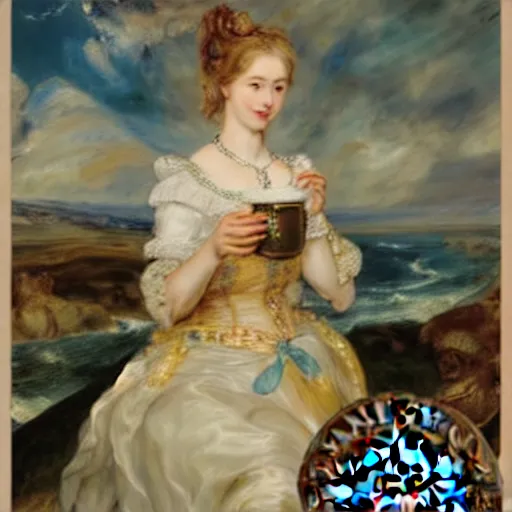 Image similar to heavenly summer sharp land sphere scallop well dressed lady holding a starbucks coffee cup, auslese, by peter paul rubens and eugene delacroix and karol bak, hyperrealism, digital illustration, fauvist, starbucks coffee cup green logo