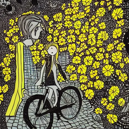 Prompt: cityscape, dystopian, young girl in a bicycle. yellow flowers in her hair. folk horror. great detail.