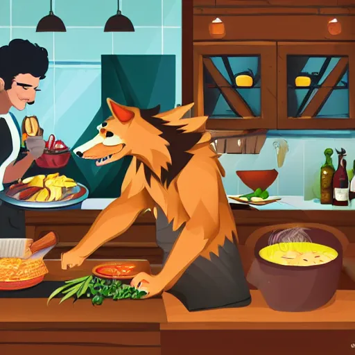 Image similar to YCH illustration of a werewolf cooking dinner